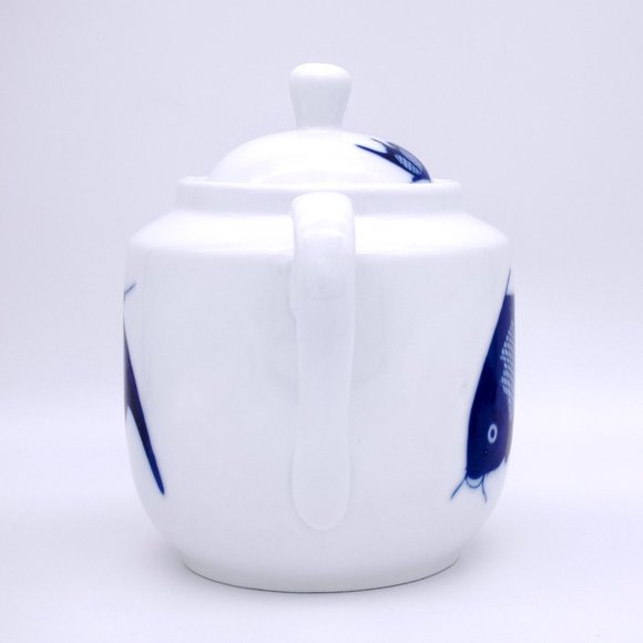 Misty Rose Vintage Koi Teapot Set of 4 Cups Super White China Cobalt Blue Teacup - Picture 4 of 11